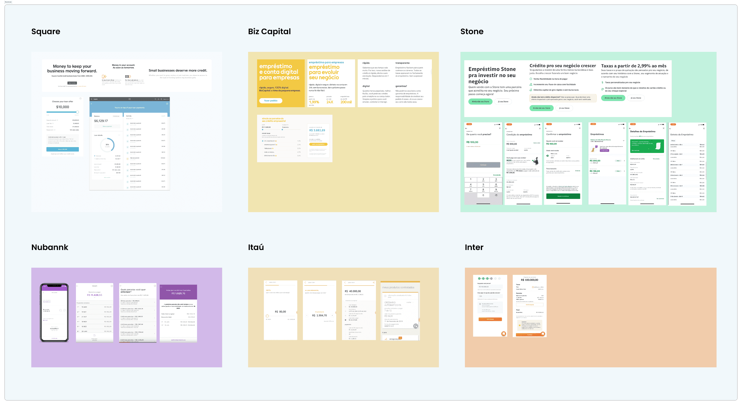 Benchmark board comparing bill payment flows from Square, Stone, Nubank, and other financial institutions, with screenshots and short notes on strengths and weaknesses of each.