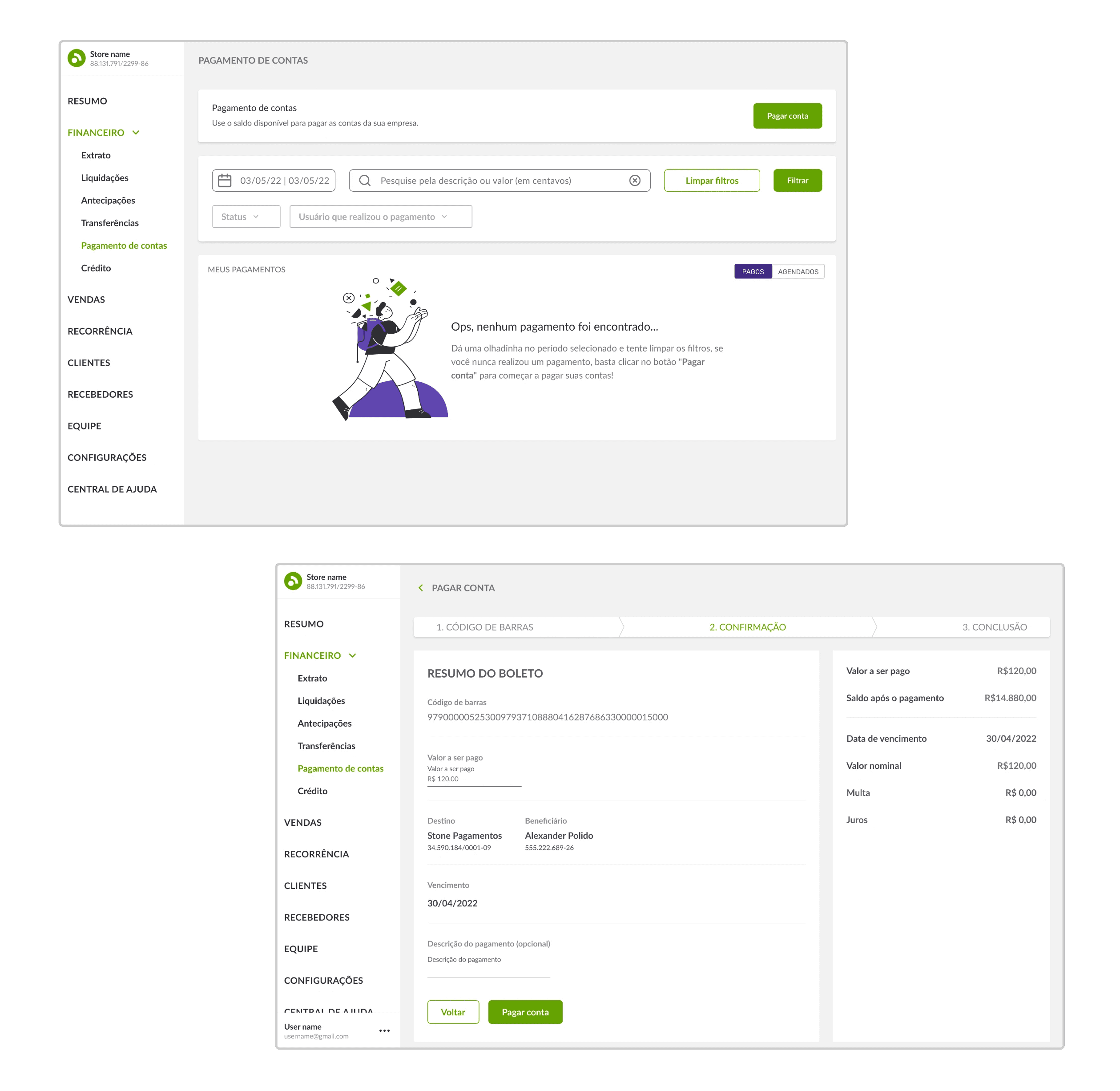 Early dashboard iterations of the bill payment screens (Portuguese UI): several wireframe variations of the bill list, selection, and confirmation steps, side by side.