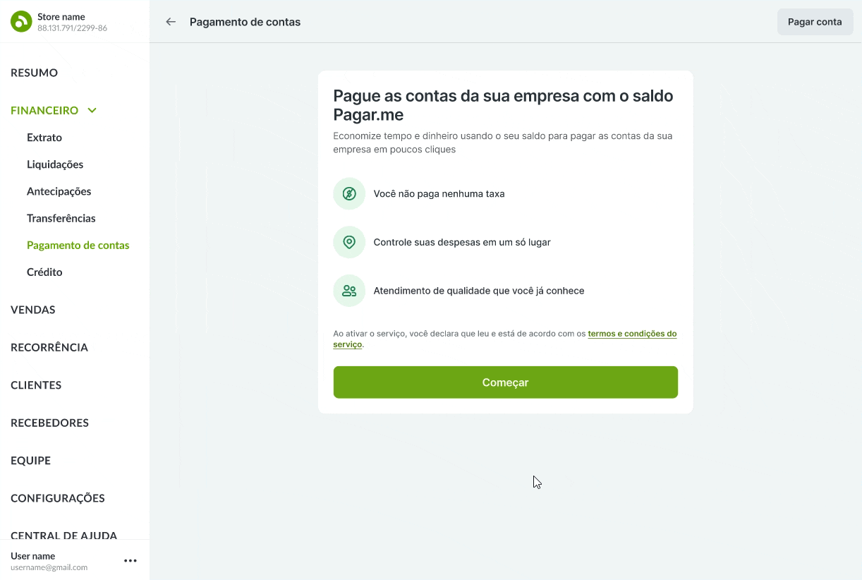 Completing a bill payment in the Pagar.me dashboard (Portuguese UI): a confirmation screen showing the bill amount, due date, and payment source.