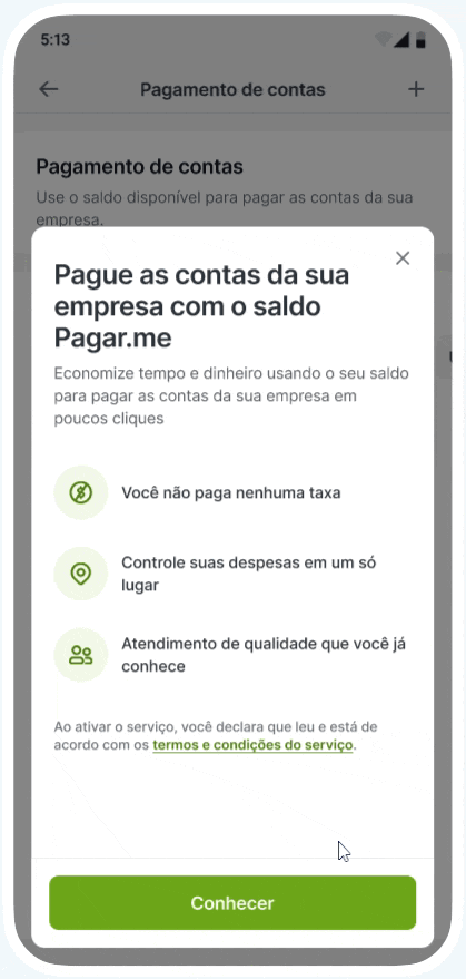 Bill payment onboarding modal in the Pagar.me dashboard, shown on a phone screen (Portuguese UI): a short explanation of the new feature with an action button.