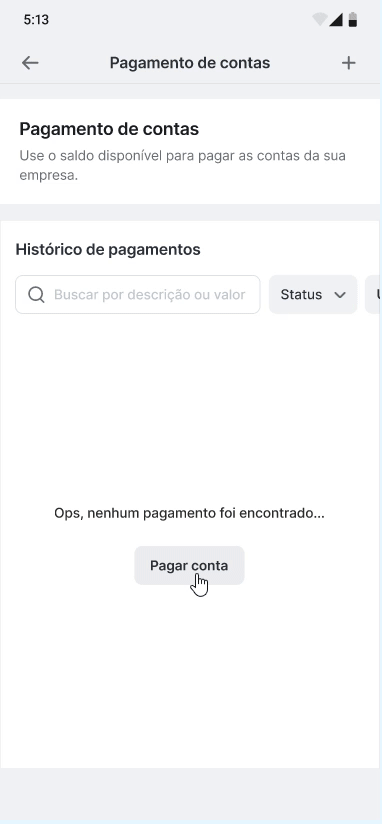Bill payment flow in the Pagar.me dashboard, shown on a phone screen (Portuguese UI): a list of registered bills with due dates and amounts, and a button to pay.