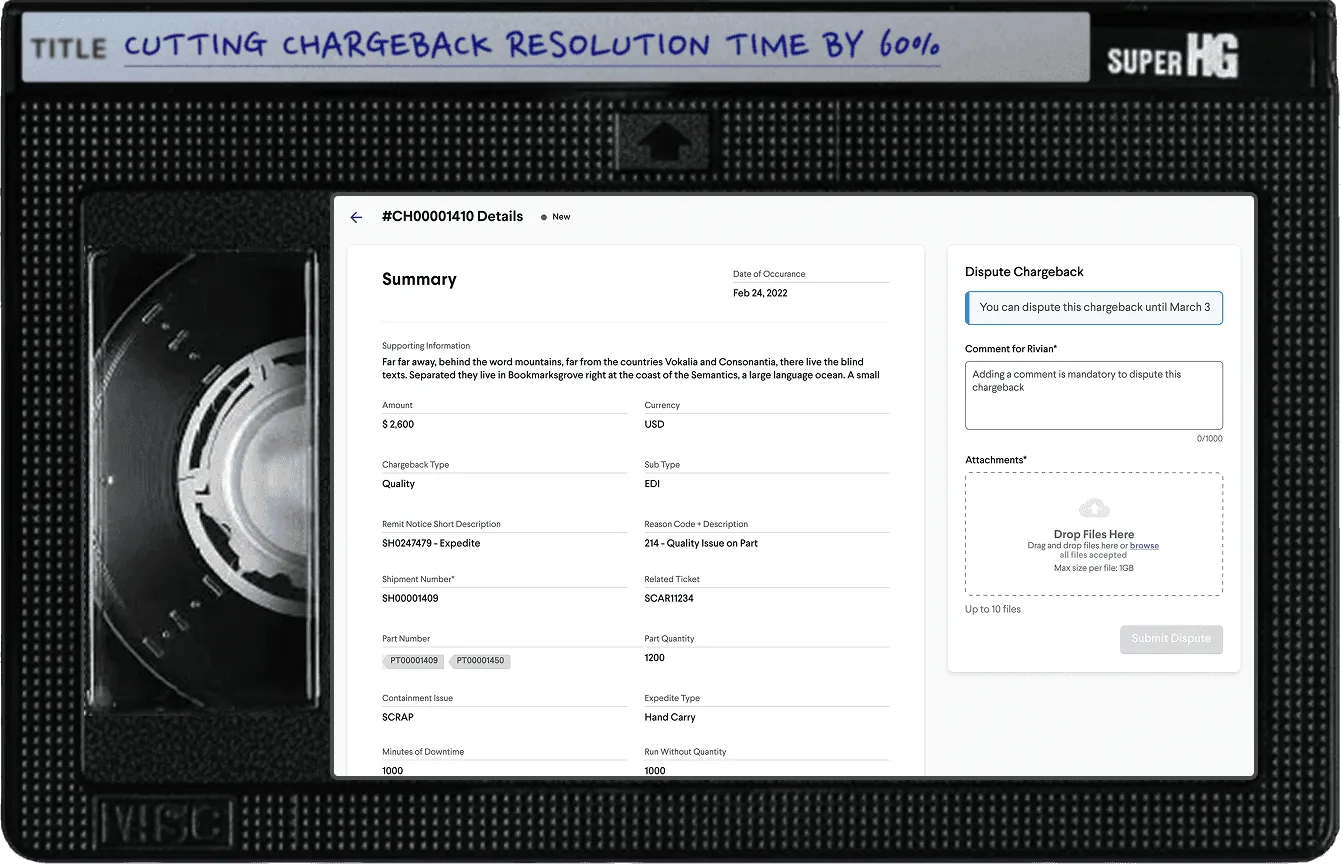 VHS tape labeled "Cutting chargeback resolution time by 60%", showing the Rivian chargeback details screen