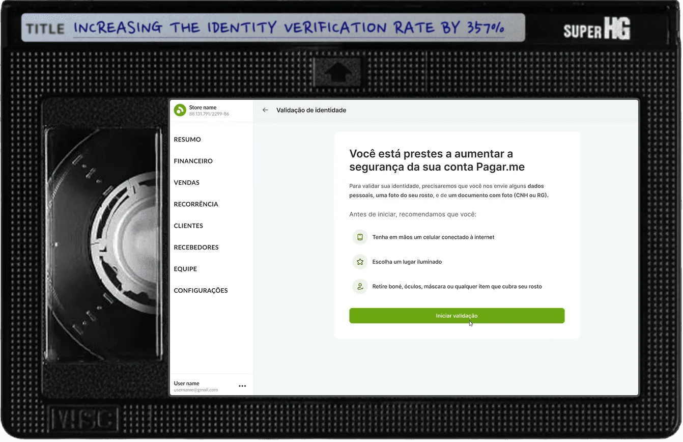 VHS tape labeled "Increasing the identity verification rate by 357%", showing the Pagar.me identity verification screen