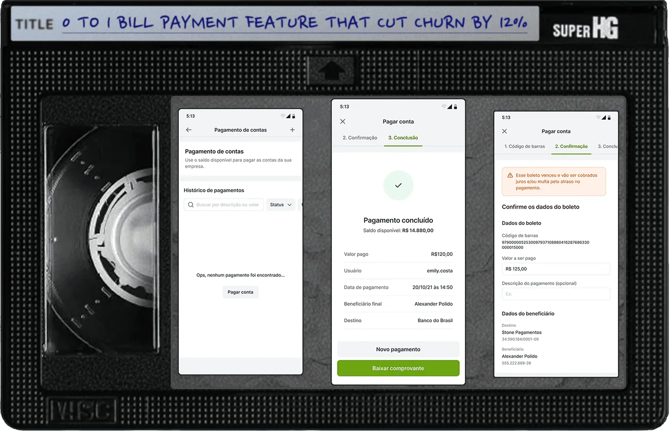 VHS tape labeled "0 to 1 bill payment feature that cut churn by 12%", showing Pagar.me bill payment screens