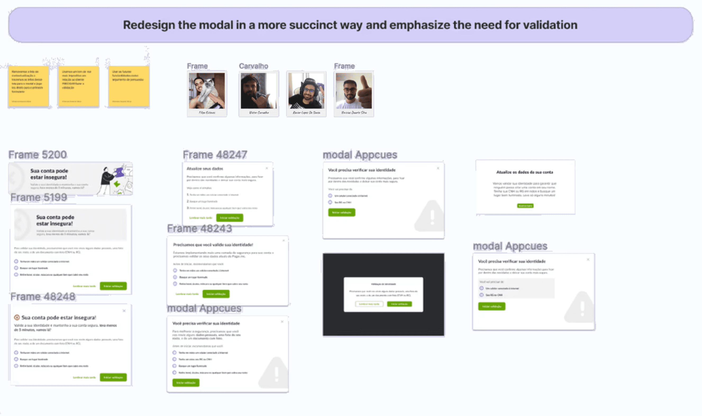 Collaborative ideation board. A banner reads: redesign the modal in a more succinct way and emphasize the need for validation. Below it are sticky notes, photos of four team members, and about ten modal explorations in Portuguese.